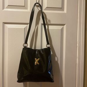 Paloma Picasso Made in Italy patent leather black shoulder bag gold tone accent